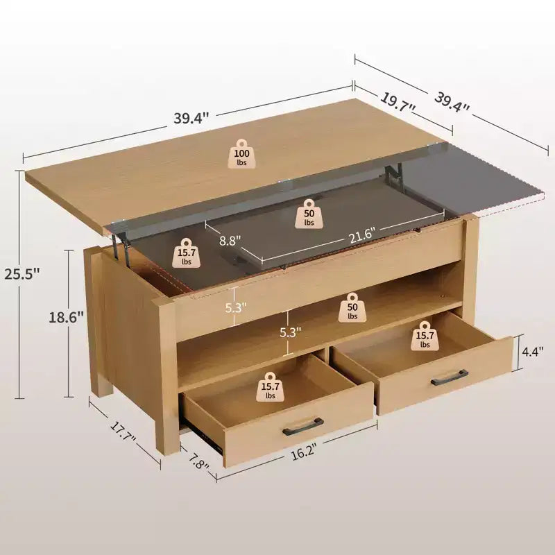 Table basse relevable 40", design convertible multifonction avec tiroirs et compartiment caché, se transforme en table à manger