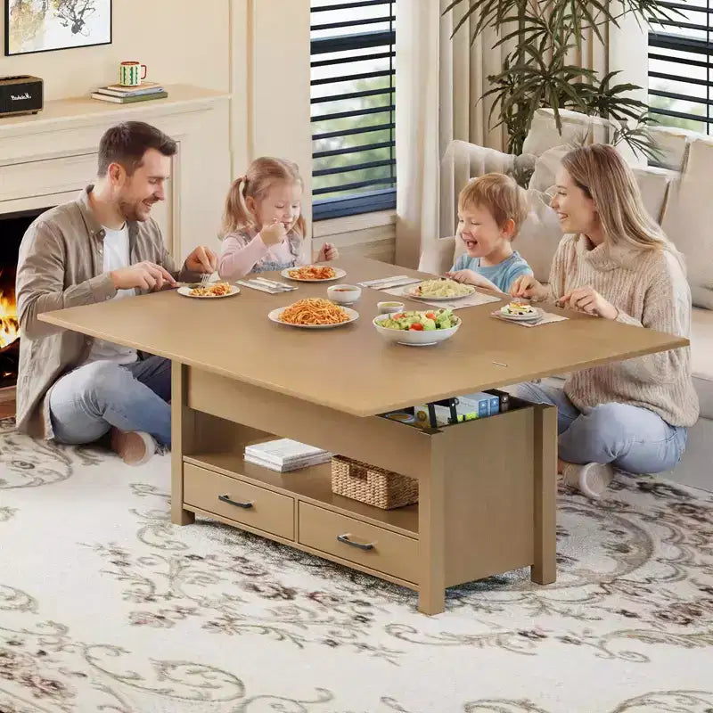 Table basse relevable 40", design convertible multifonction avec tiroirs et compartiment caché, se transforme en table à manger