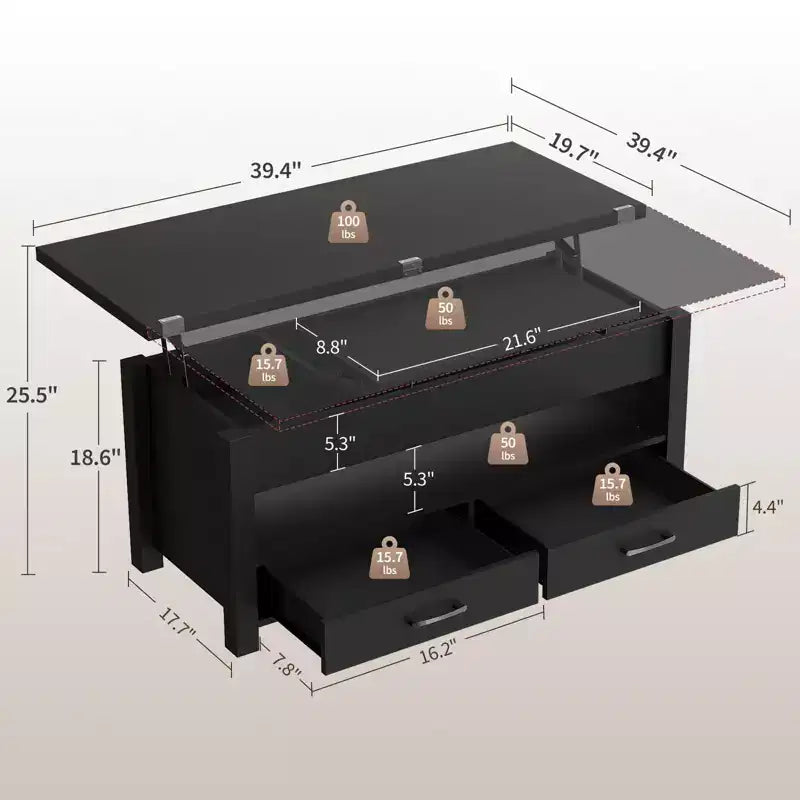 Table basse relevable 40", design convertible multifonction avec tiroirs et compartiment caché, se transforme en table à manger