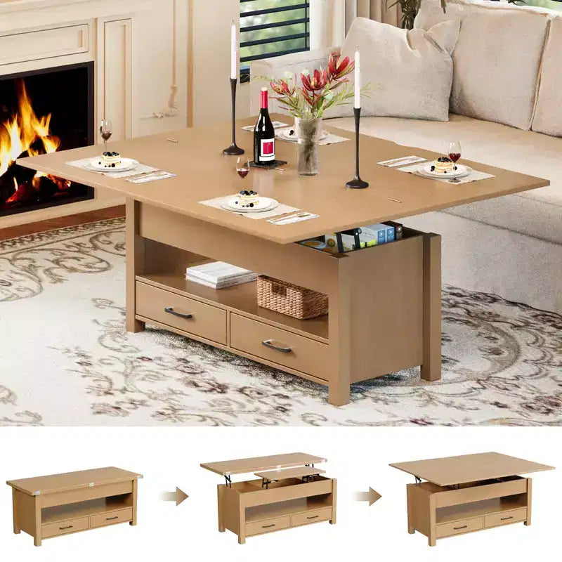 Table basse relevable 40", design convertible multifonction avec tiroirs et compartiment caché, se transforme en table à manger