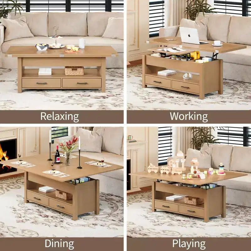 Table basse relevable 40", design convertible multifonction avec tiroirs et compartiment caché, se transforme en table à manger