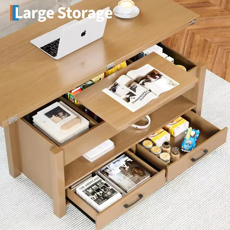Table basse relevable 40", design convertible multifonction avec tiroirs et compartiment caché, se transforme en table à manger