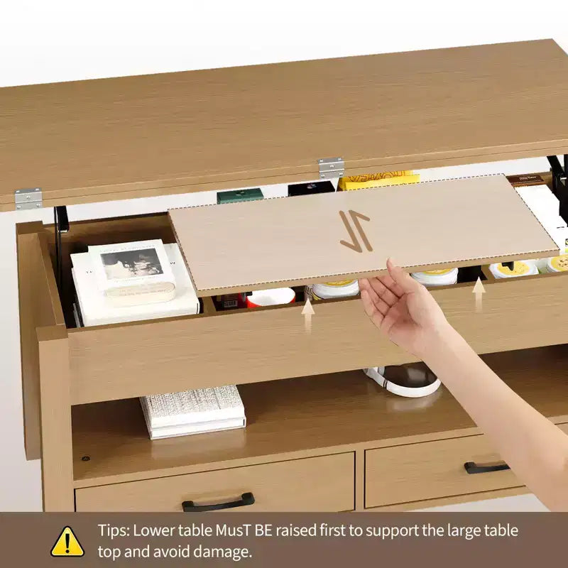Table basse relevable 40", design convertible multifonction avec tiroirs et compartiment caché, se transforme en table à manger