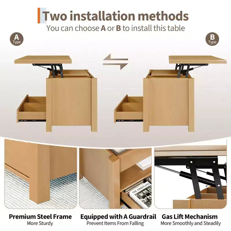 Table basse relevable 40", design convertible multifonction avec tiroirs et compartiment caché, se transforme en table à manger
