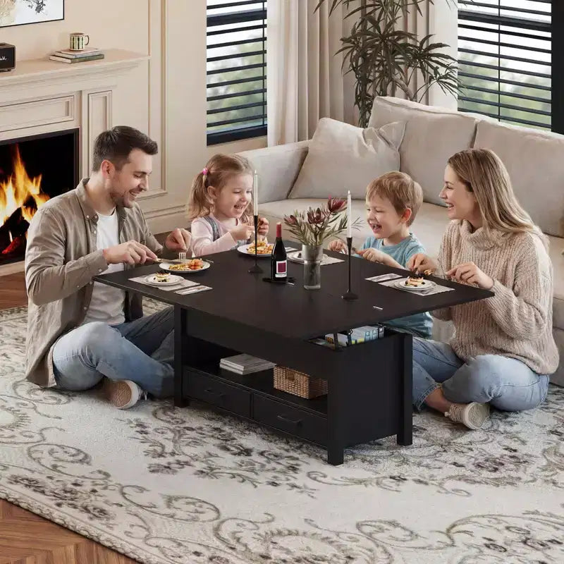 Table basse relevable 40", design convertible multifonction avec tiroirs et compartiment caché, se transforme en table à manger