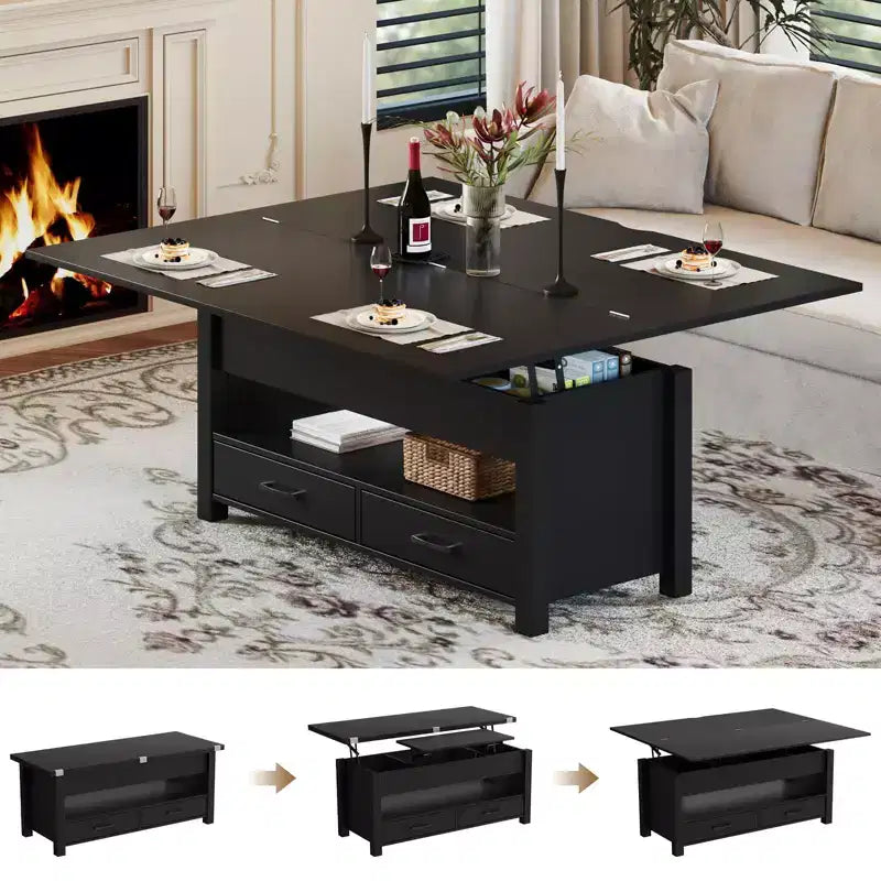 Table basse relevable 40", design convertible multifonction avec tiroirs et compartiment caché, se transforme en table à manger