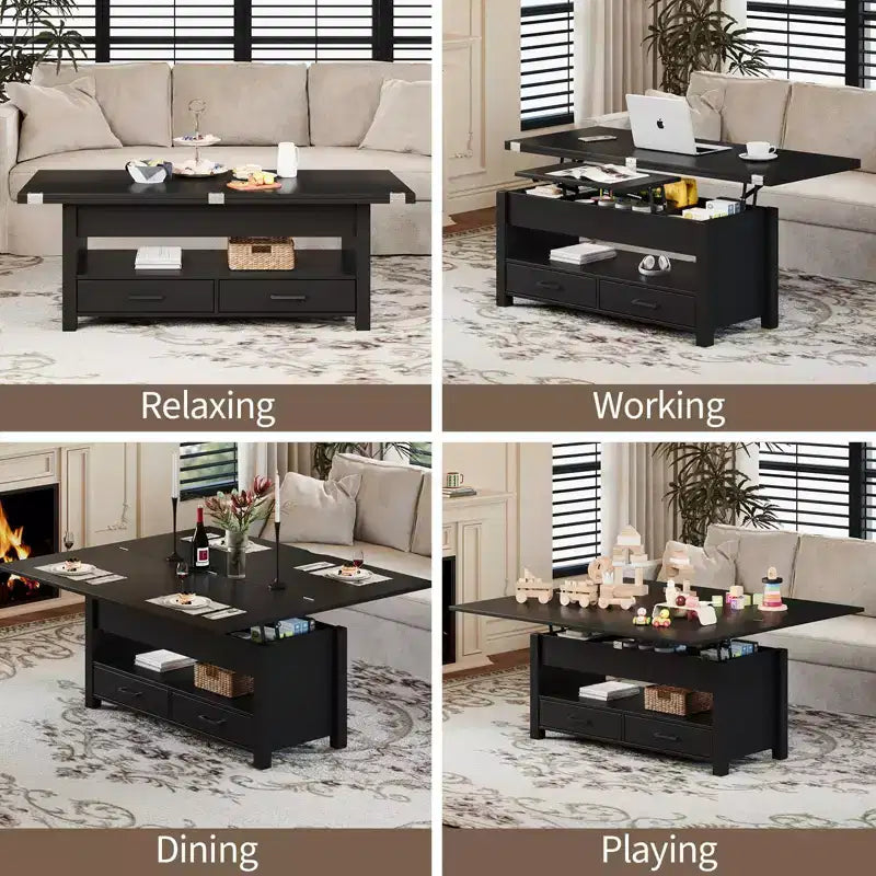Table basse relevable 40", design convertible multifonction avec tiroirs et compartiment caché, se transforme en table à manger