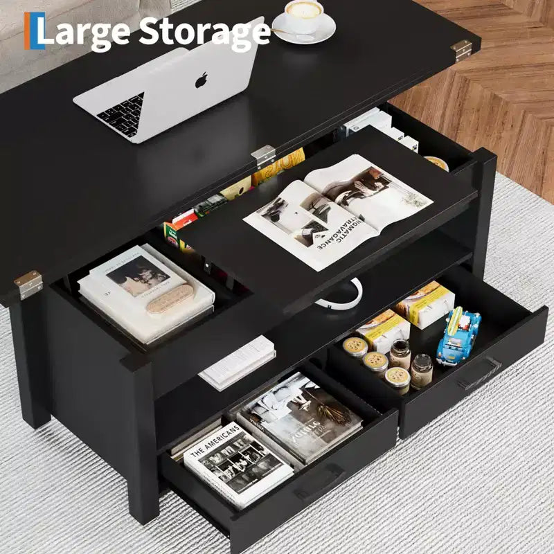Table basse relevable 40", design convertible multifonction avec tiroirs et compartiment caché, se transforme en table à manger