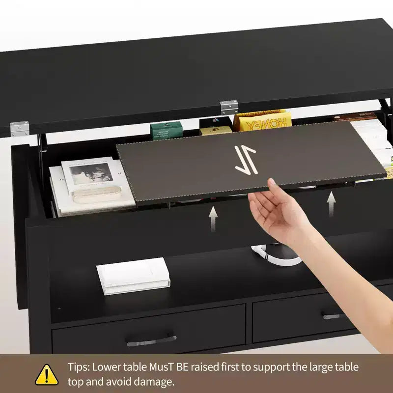 Table basse relevable 40", design convertible multifonction avec tiroirs et compartiment caché, se transforme en table à manger