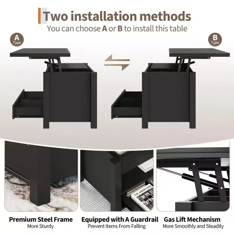 Table basse relevable 40", design convertible multifonction avec tiroirs et compartiment caché, se transforme en table à manger