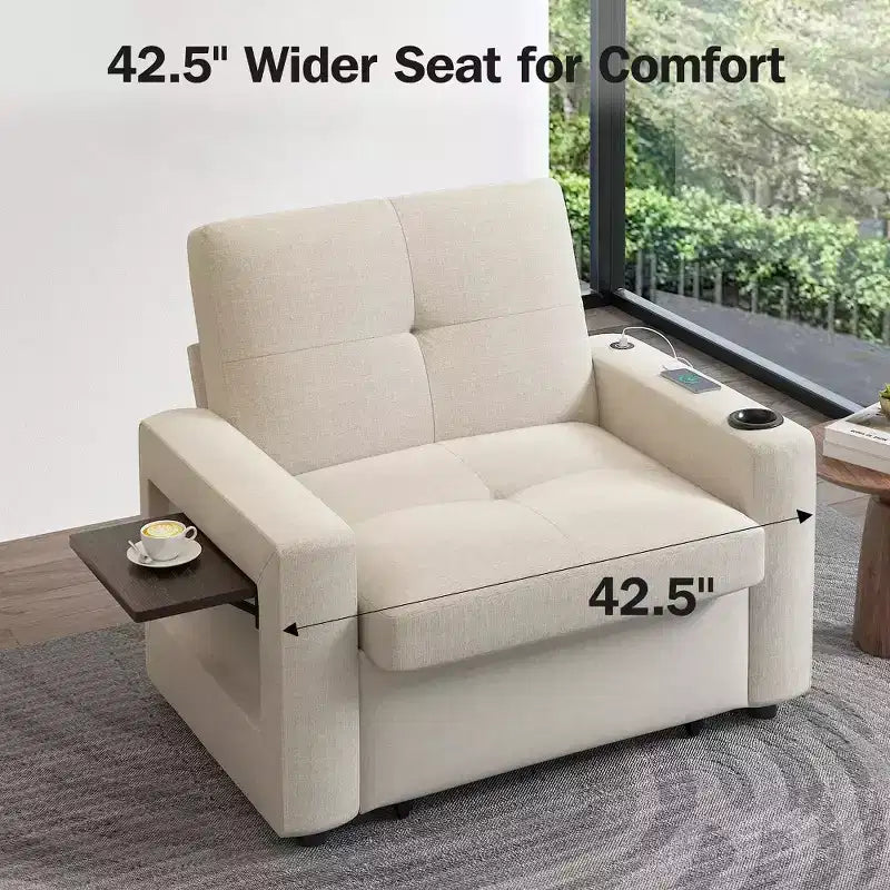 Fauteuil convertible 3 en 1, canapé-lit escamotable de 108 cm de large avec dossier réglable, ports de chargement USB, table d'appoint et porte-gobelet