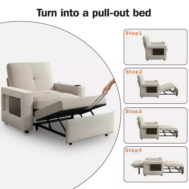 Fauteuil convertible 3 en 1, canapé-lit escamotable de 108 cm de large avec dossier réglable, ports de chargement USB, table d'appoint et porte-gobelet