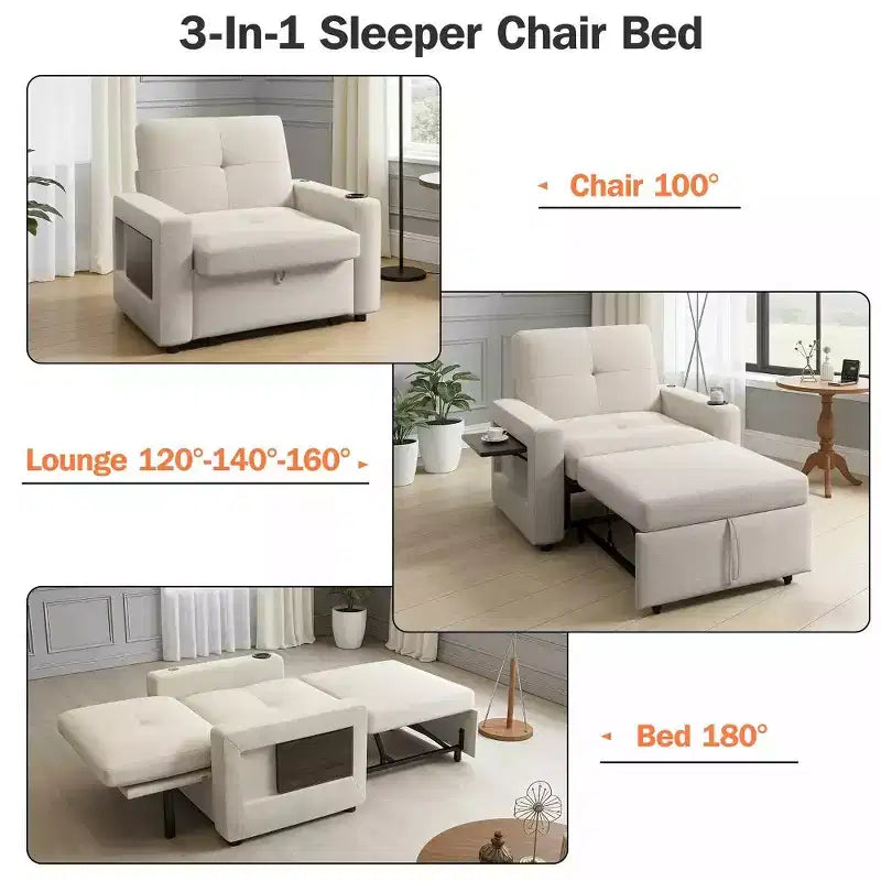 Fauteuil convertible 3 en 1, canapé-lit escamotable de 108 cm de large avec dossier réglable, ports de chargement USB, table d'appoint et porte-gobelet