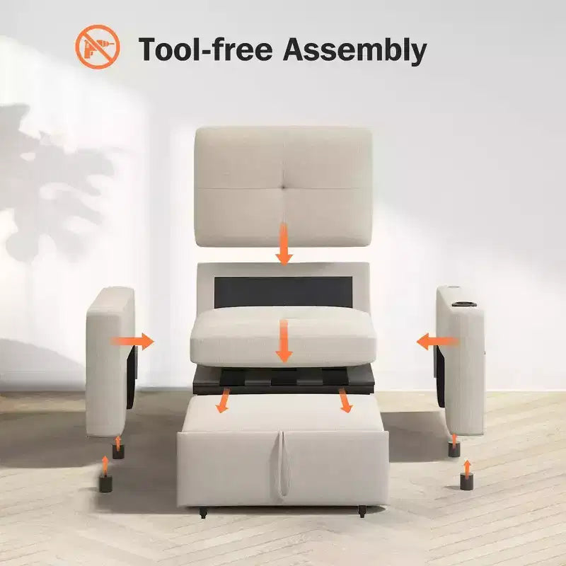 Fauteuil convertible 3 en 1, canapé-lit escamotable de 108 cm de large avec dossier réglable, ports de chargement USB, table d'appoint et porte-gobelet