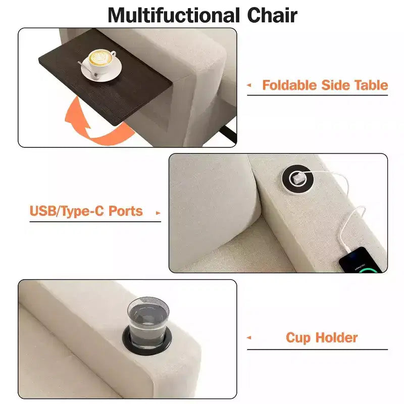 Fauteuil convertible 3 en 1, canapé-lit escamotable de 108 cm de large avec dossier réglable, ports de chargement USB, table d'appoint et porte-gobelet