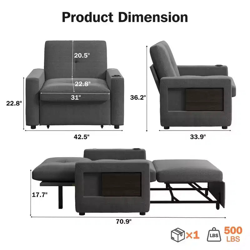Fauteuil convertible 3 en 1, canapé-lit escamotable de 108 cm de large avec dossier réglable, ports de chargement USB, table d'appoint et porte-gobelet