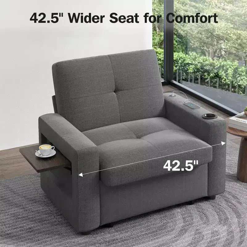 Fauteuil convertible 3 en 1, canapé-lit escamotable de 108 cm de large avec dossier réglable, ports de chargement USB, table d'appoint et porte-gobelet