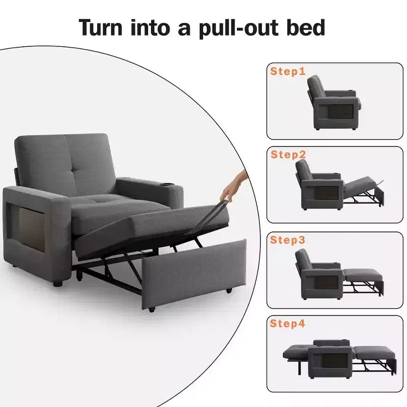 Fauteuil convertible 3 en 1, canapé-lit escamotable de 108 cm de large avec dossier réglable, ports de chargement USB, table d'appoint et porte-gobelet
