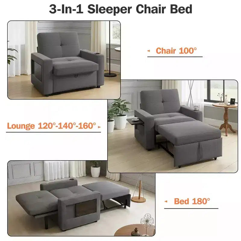 Fauteuil convertible 3 en 1, canapé-lit escamotable de 108 cm de large avec dossier réglable, ports de chargement USB, table d'appoint et porte-gobelet