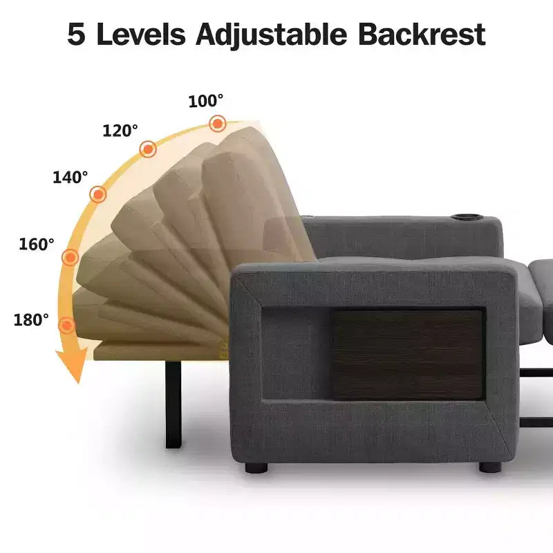 Fauteuil convertible 3 en 1, canapé-lit escamotable de 108 cm de large avec dossier réglable, ports de chargement USB, table d'appoint et porte-gobelet