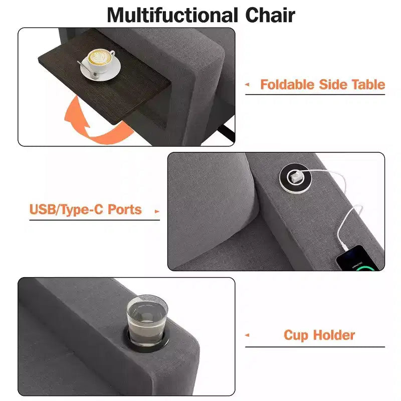 Fauteuil convertible 3 en 1, canapé-lit escamotable de 108 cm de large avec dossier réglable, ports de chargement USB, table d'appoint et porte-gobelet