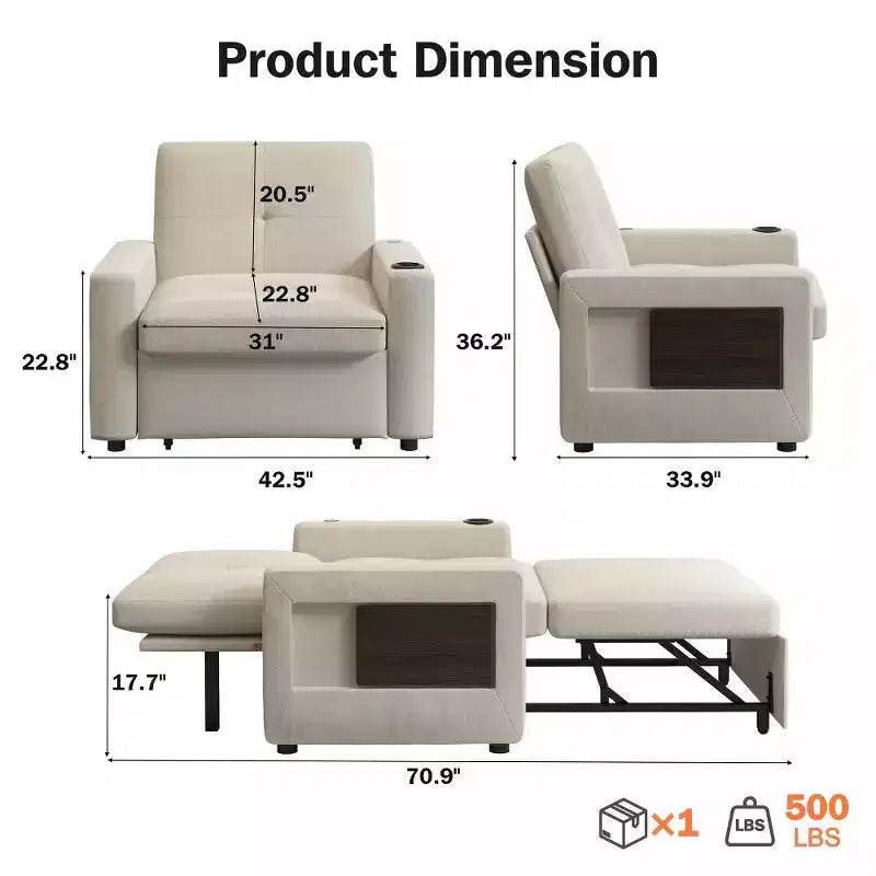 Fauteuil convertible 3 en 1, canapé-lit escamotable de 108 cm de large avec dossier réglable, ports de chargement USB, table d'appoint et porte-gobelet
