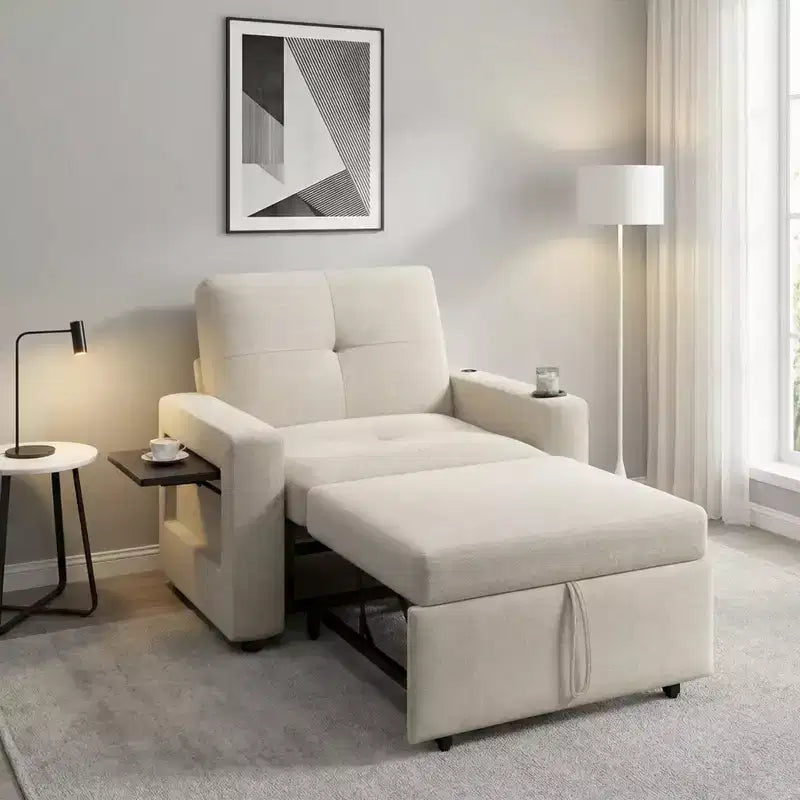 Fauteuil convertible 3 en 1, canapé-lit escamotable de 108 cm de large avec dossier réglable, ports de chargement USB, table d'appoint et porte-gobelet