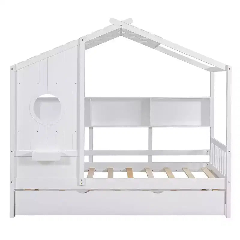 Lit cabane double avec lit gigogne, design moderne pour enfants avec étagère de rangement, blanc