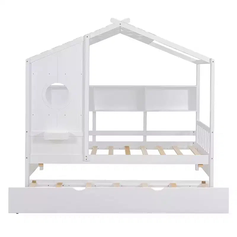 Lit cabane double avec lit gigogne, design moderne pour enfants avec étagère de rangement, blanc