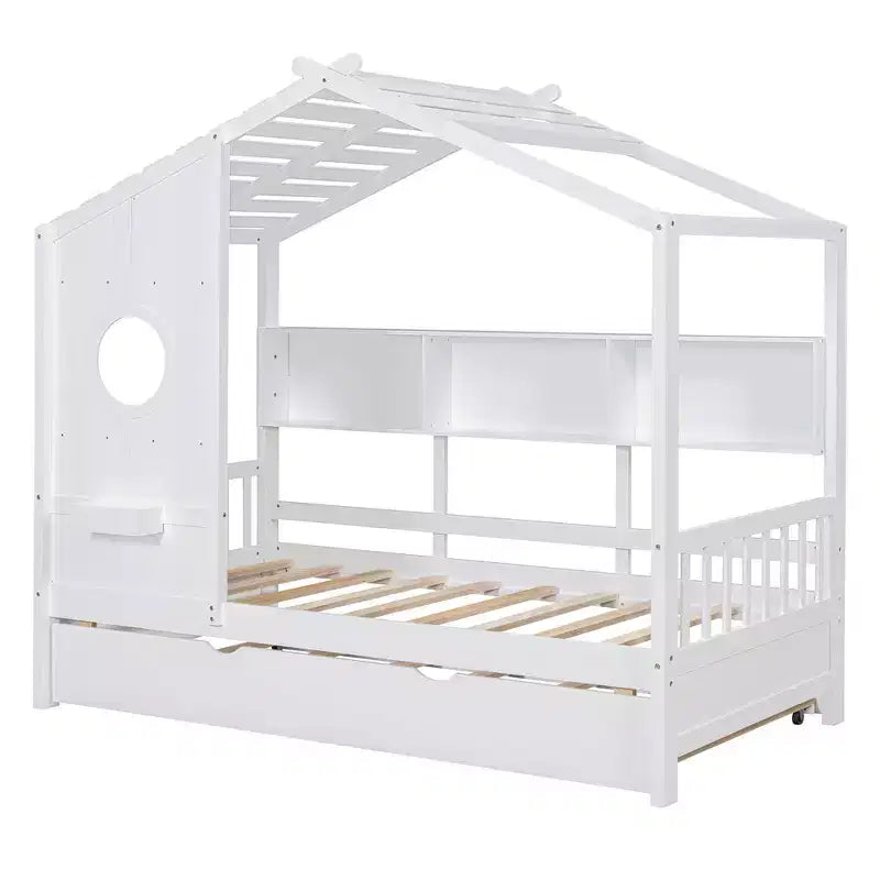 Lit cabane double avec lit gigogne, design moderne pour enfants avec étagère de rangement, blanc