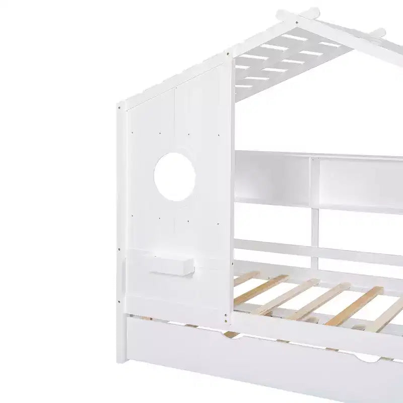 Lit cabane double avec lit gigogne, design moderne pour enfants avec étagère de rangement, blanc