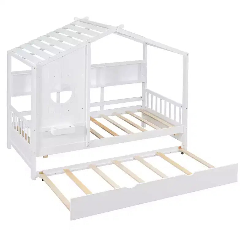 Lit cabane double avec lit gigogne, design moderne pour enfants avec étagère de rangement, blanc