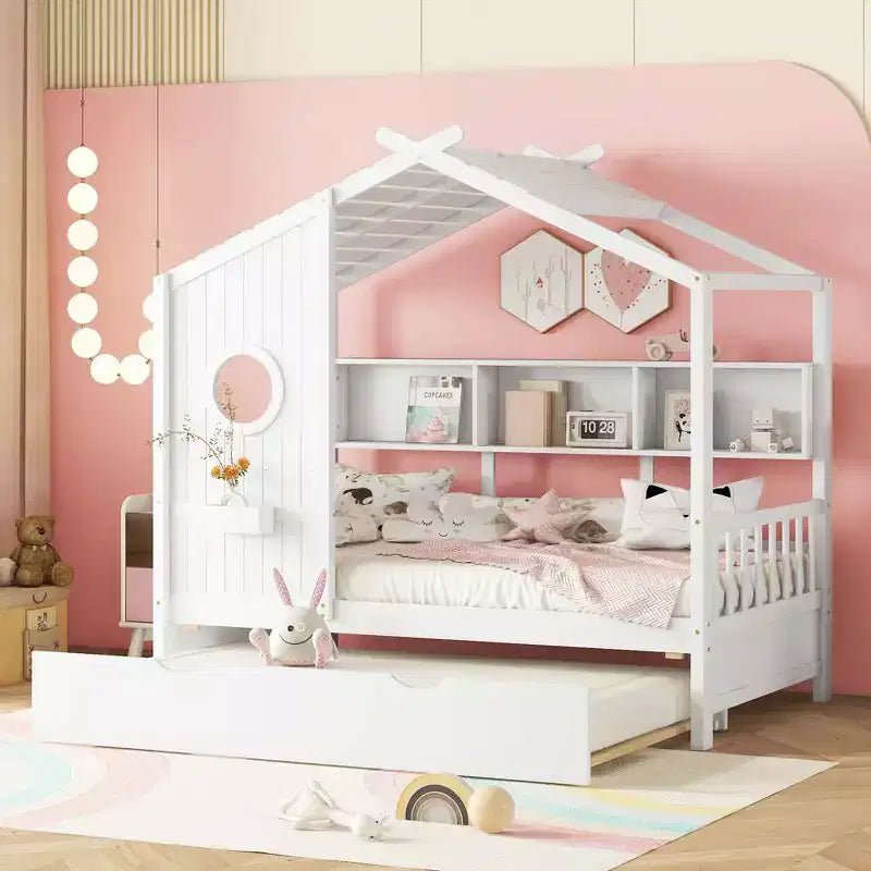 Lit cabane double avec lit gigogne, design moderne pour enfants avec étagère de rangement, blanc