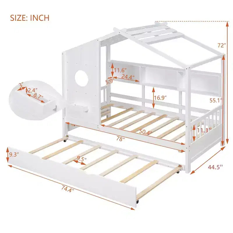 Lit cabane double avec lit gigogne, design moderne pour enfants avec étagère de rangement, blanc