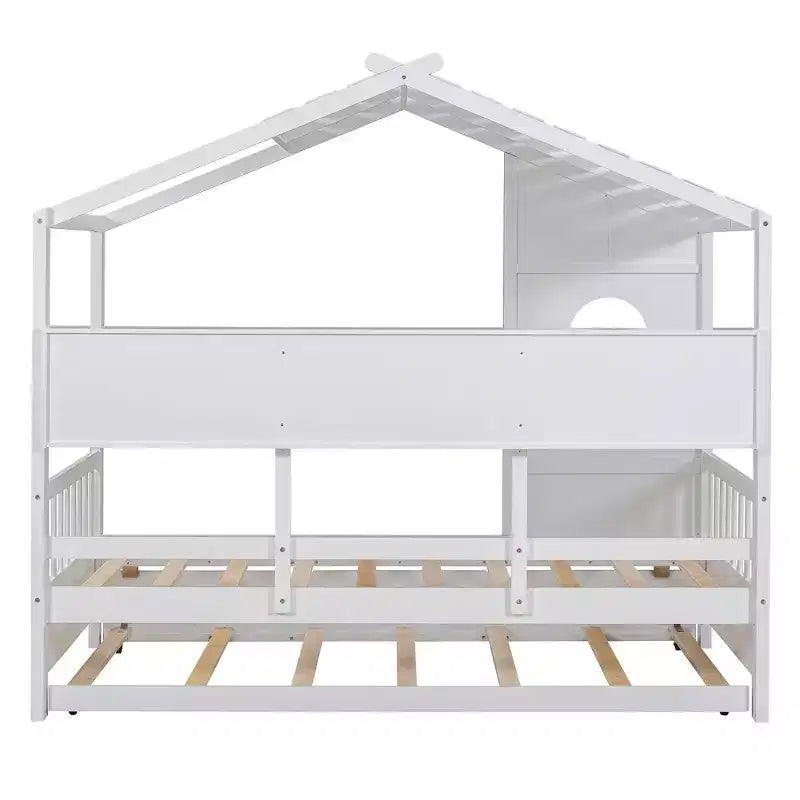 Lit cabane double avec lit gigogne, design moderne pour enfants avec étagère de rangement, blanc