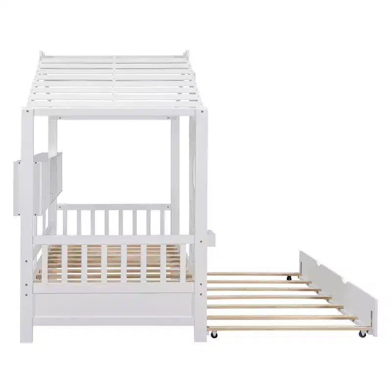 Lit cabane double avec lit gigogne, design moderne pour enfants avec étagère de rangement, blanc
