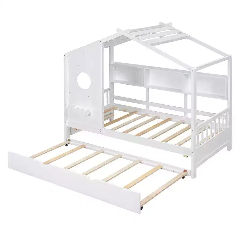 Lit cabane double avec lit gigogne, design moderne pour enfants avec étagère de rangement, blanc