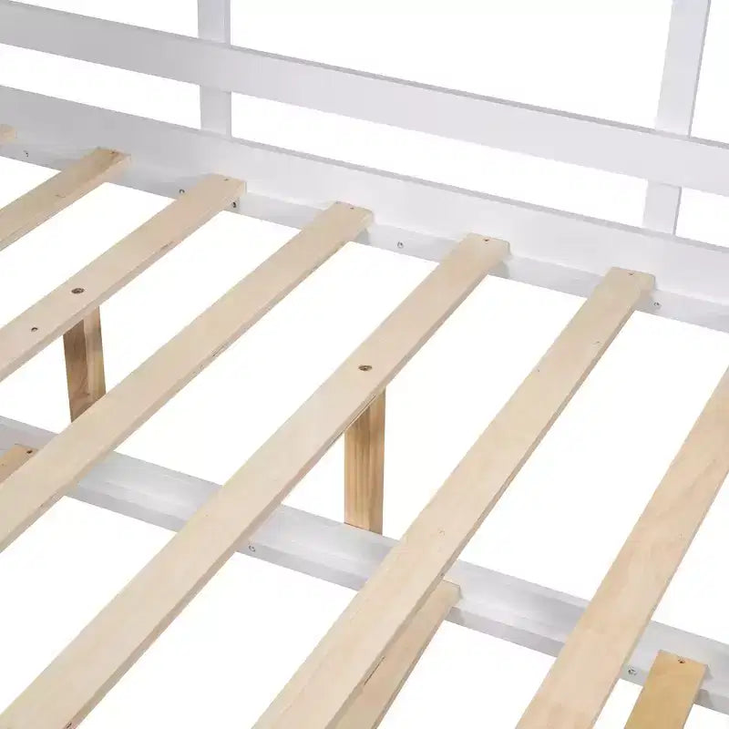 Lit cabane double avec lit gigogne, design moderne pour enfants avec étagère de rangement, blanc