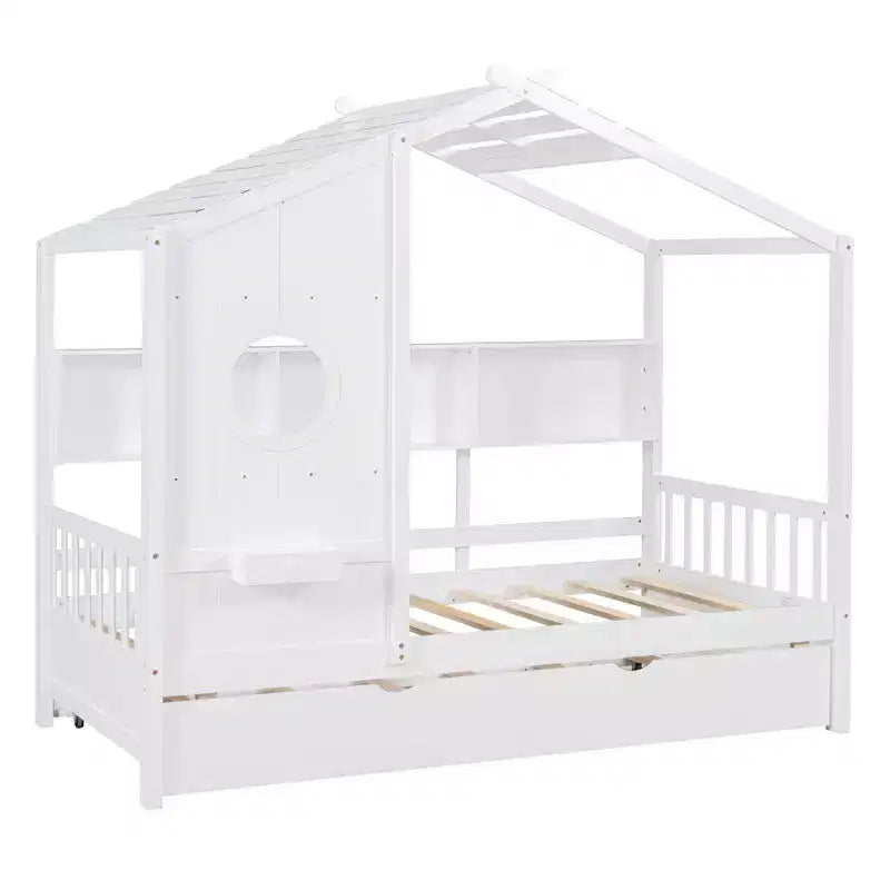 Lit cabane double avec lit gigogne, design moderne pour enfants avec étagère de rangement, blanc