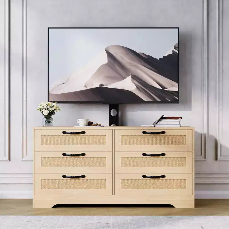 Meuble TV moderne avec support pour téléviseurs de 32 à 85 pouces, console média commode en rotin à 6 tiroirs