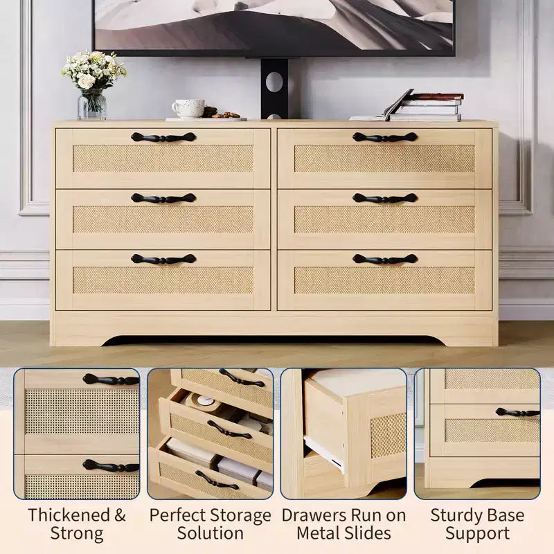 Meuble TV moderne avec support pour téléviseurs de 32 à 85 pouces, console média commode en rotin à 6 tiroirs