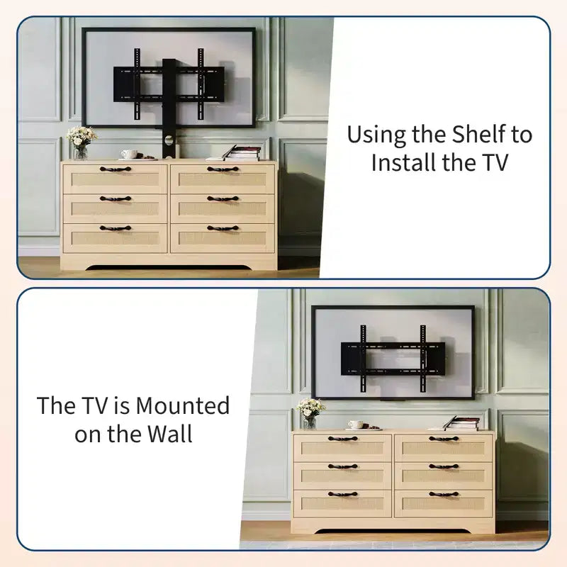 Meuble TV moderne avec support pour téléviseurs de 32 à 85 pouces, console média commode en rotin à 6 tiroirs