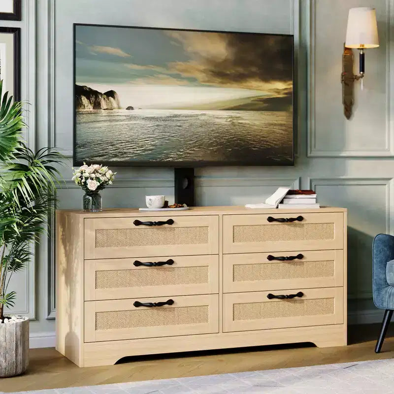 Meuble TV moderne avec support pour téléviseurs de 32 à 85 pouces, console média commode en rotin à 6 tiroirs