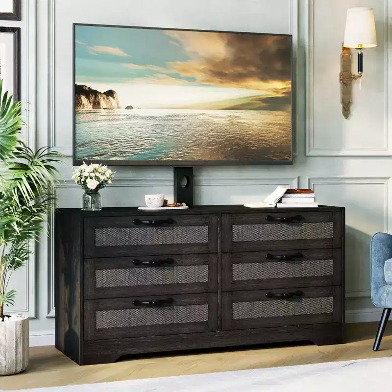 Modern TV Stand with Mount for 32-85" TVs, 6-Drawer Rattan Dresser Media Console