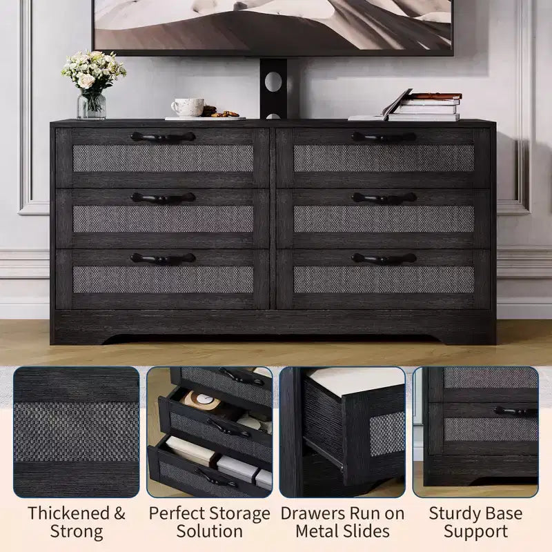Meuble TV moderne avec support pour téléviseurs de 32 à 85 pouces, console média commode en rotin à 6 tiroirs