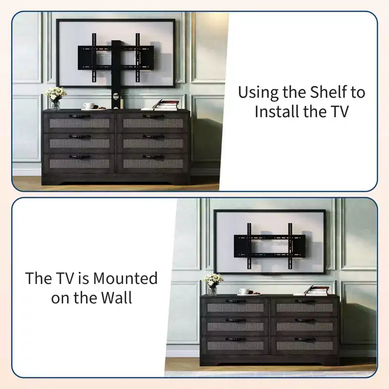 Meuble TV moderne avec support pour téléviseurs de 32 à 85 pouces, console média commode en rotin à 6 tiroirs
