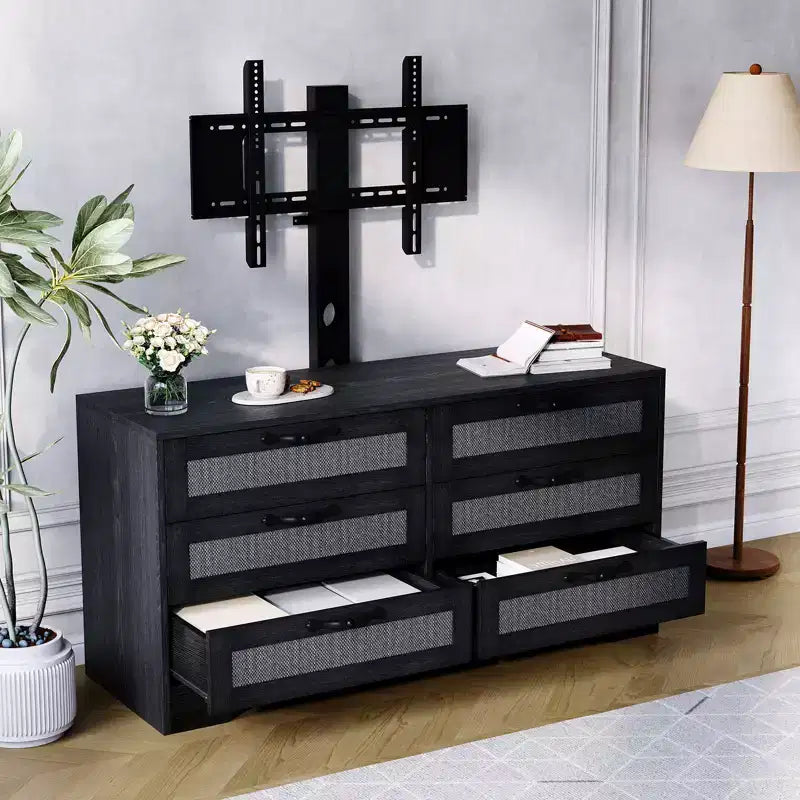 Modern TV Stand with Mount for 32-85" TVs, 6-Drawer Rattan Dresser Media Console