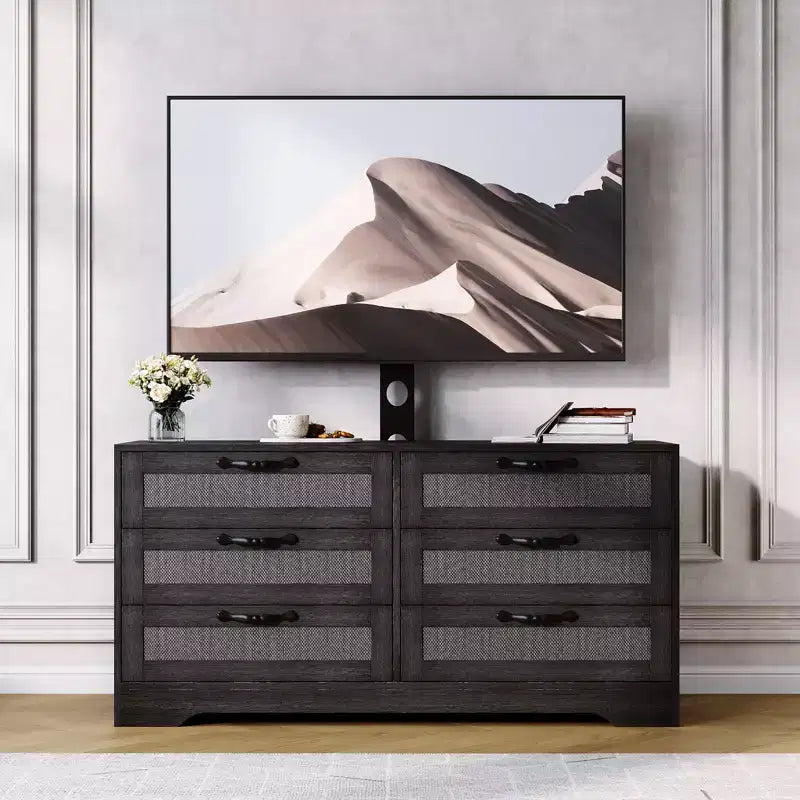 Modern TV Stand with Mount for 32-85" TVs, 6-Drawer Rattan Dresser Media Console