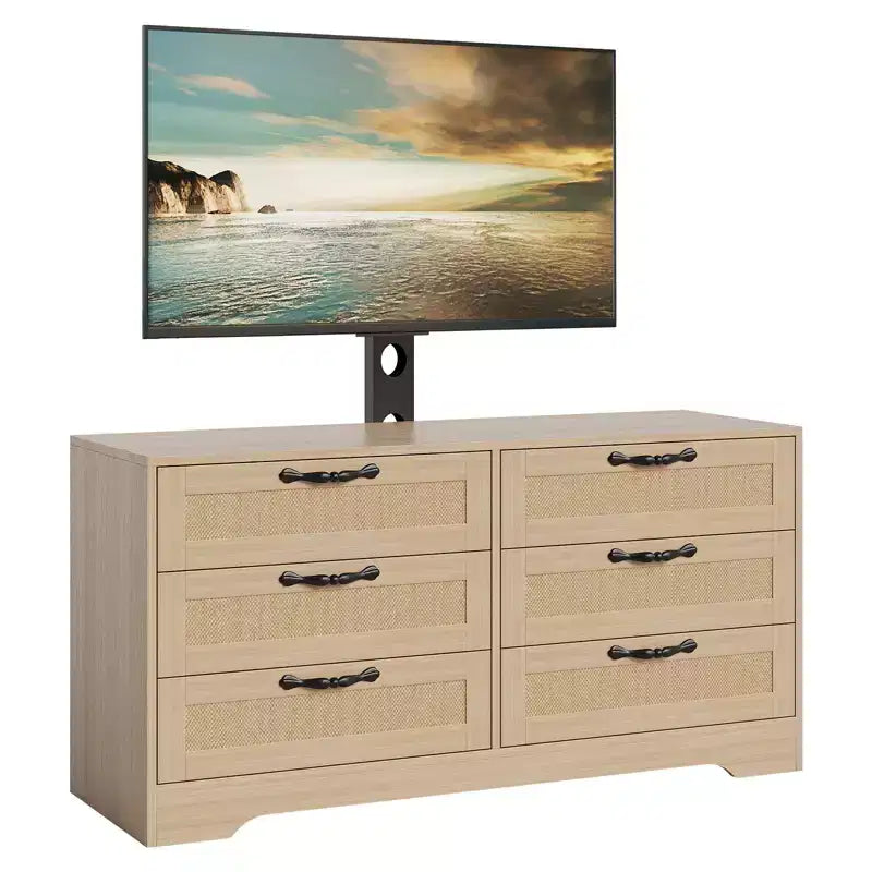 Modern TV Stand with Mount for 32-85" TVs, 6-Drawer Rattan Dresser Media Console