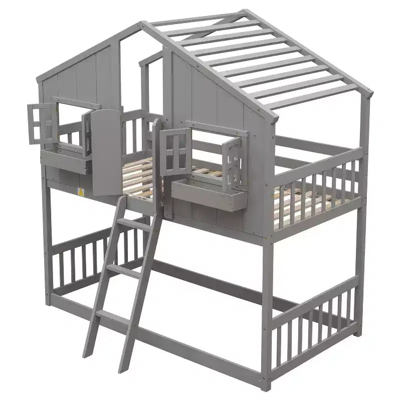 Lit superposé en forme de maison, lits jumeaux superposés avec toit et fenêtres pour enfants, cadre de lit superposé en bois avec porte, échelle et garde-corps